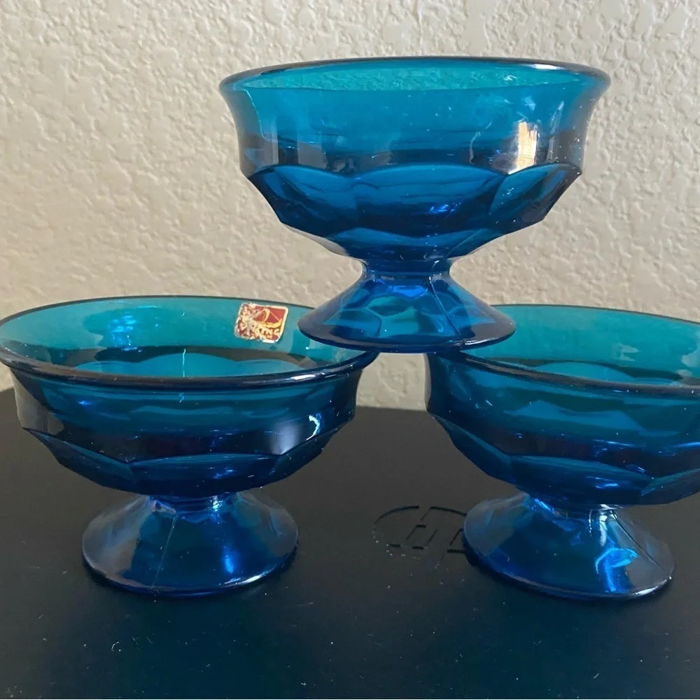 3 Viking Glass Bluenique Georgian Thumbprint Footed Blue Glass Dessert MCM Bowls